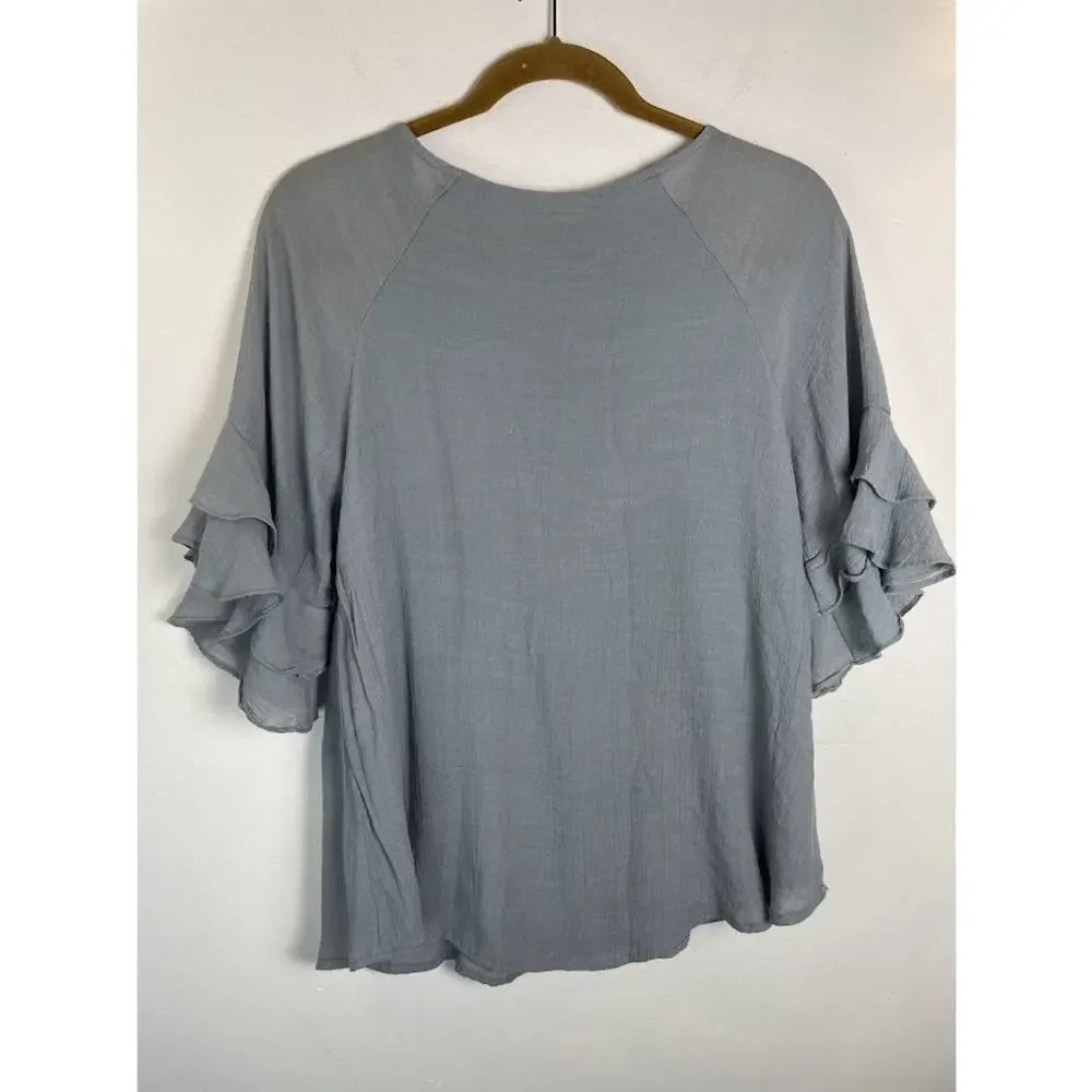 Womens Crinkled Relaxed Blouse Tiered Layered Ruffle Sleeve Top Draped Size S